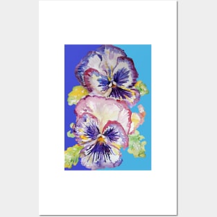 Pansy Watercolor Purple Flower Pattern on Navy and Mid Blue Posters and Art